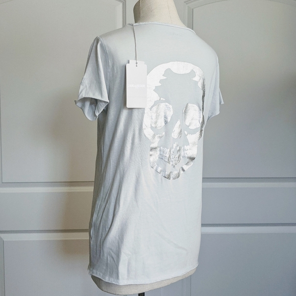 Zadig & Voltaire Tee Tunisien MC Skull V-Neck Short Sleeve Metallic Grey M NWT - Picture 10 of 16